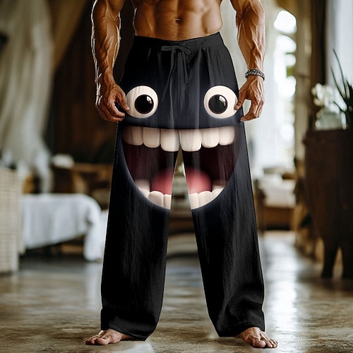 Herren 3D Zeichentrick Lächelndes Gesicht Hose Baggy-Hosen Freizeithose Mittlere Taille Lustig Outdoor Urlaub Heim Elastischer Kordelzug in der Taille Leinenähnliche Hose mit Taschen Frühling Herbst Image