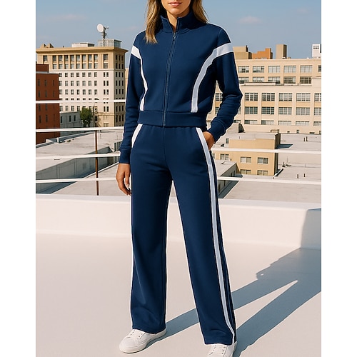 Damen Jogginghose Trainingsanzug mit Reißverschluss Sportbekleidung mit Tasche Streifen Kombination Herbst Schwarz Weiß Outdoor Reise Sport Hohe Taille Mode Langarm Sport Sportkleidung Mikroelastisch Image