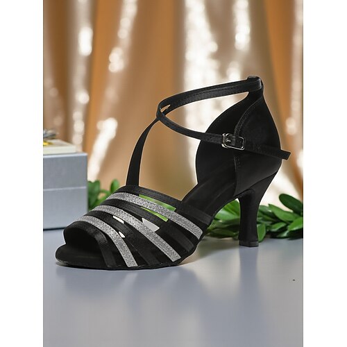 Lilafarbene Riemchensandaletten aus Satin mit Glitzerakzenten für Damen – professionelle Gatsby-Party-Ballsaalschuhe Image