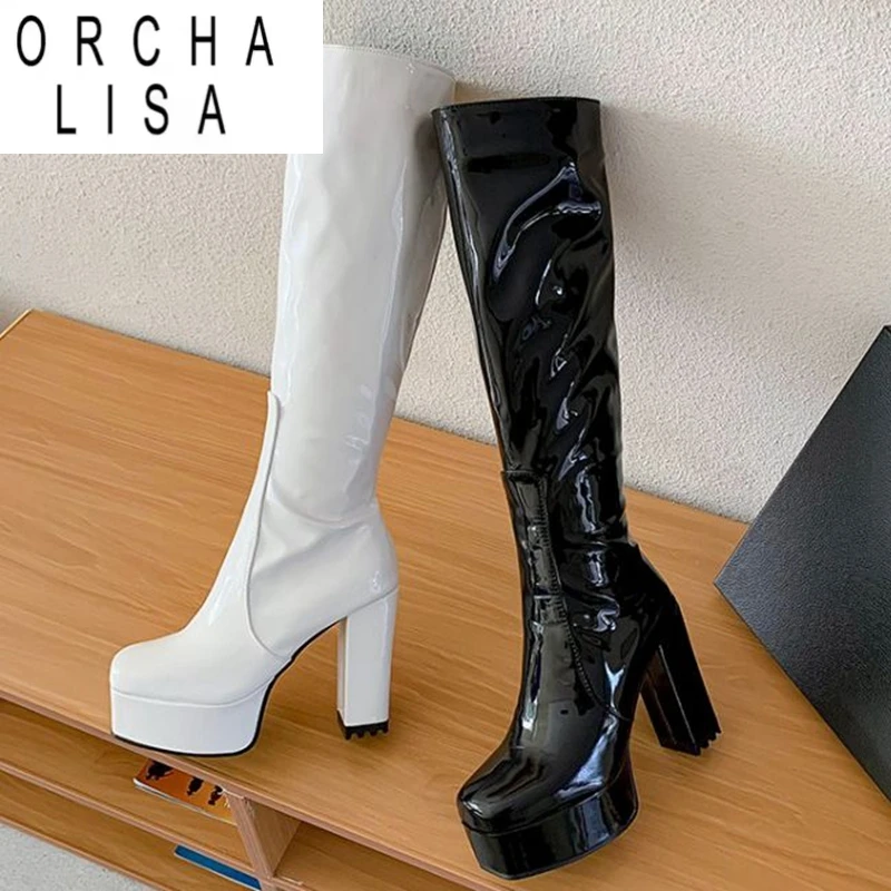 ORCHA LISA Plateau Kniehohe Stiefel Zehen Blockabsätze Gummi Größe 34-43 Schwarz Weiß Blau S2729