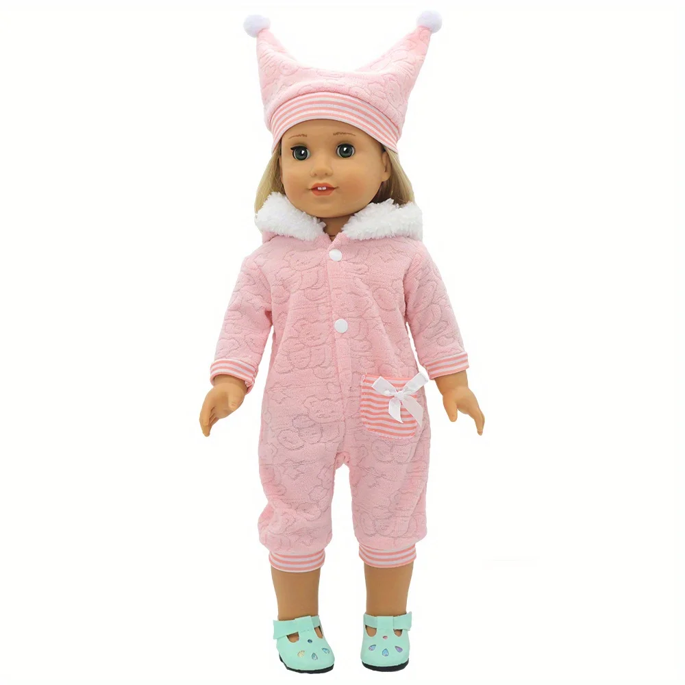 1 Satz Mädchenpuppenkleidung, geeignet für 16-Zoll-Puppen (Produkt enthalten keine Puppe und Schuhe), rosa Bären-Kapuzenoverall + Mütze