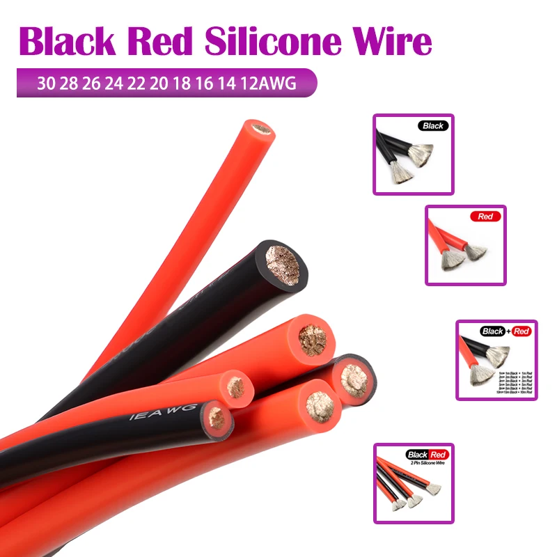 1–10 m weicher Silikondraht, schwarz, rot, 2-poliges Kabel, 30, 28, 26, 24, 22, 20, 18, 16, 14, 12 AWG, Solarpanel, Autobatterie, verzinnter Kupferdraht Image