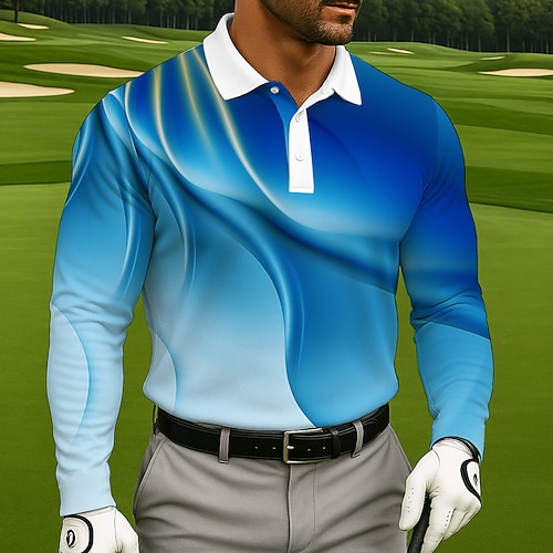Herren Geometrisch Golf Polo Langarm Polo-Shirts Revers Lässig Athleisure Alltagskleidung 3D-Druck Knöpfe Frühling Herbst Winter Schwarz Blau Grün Image