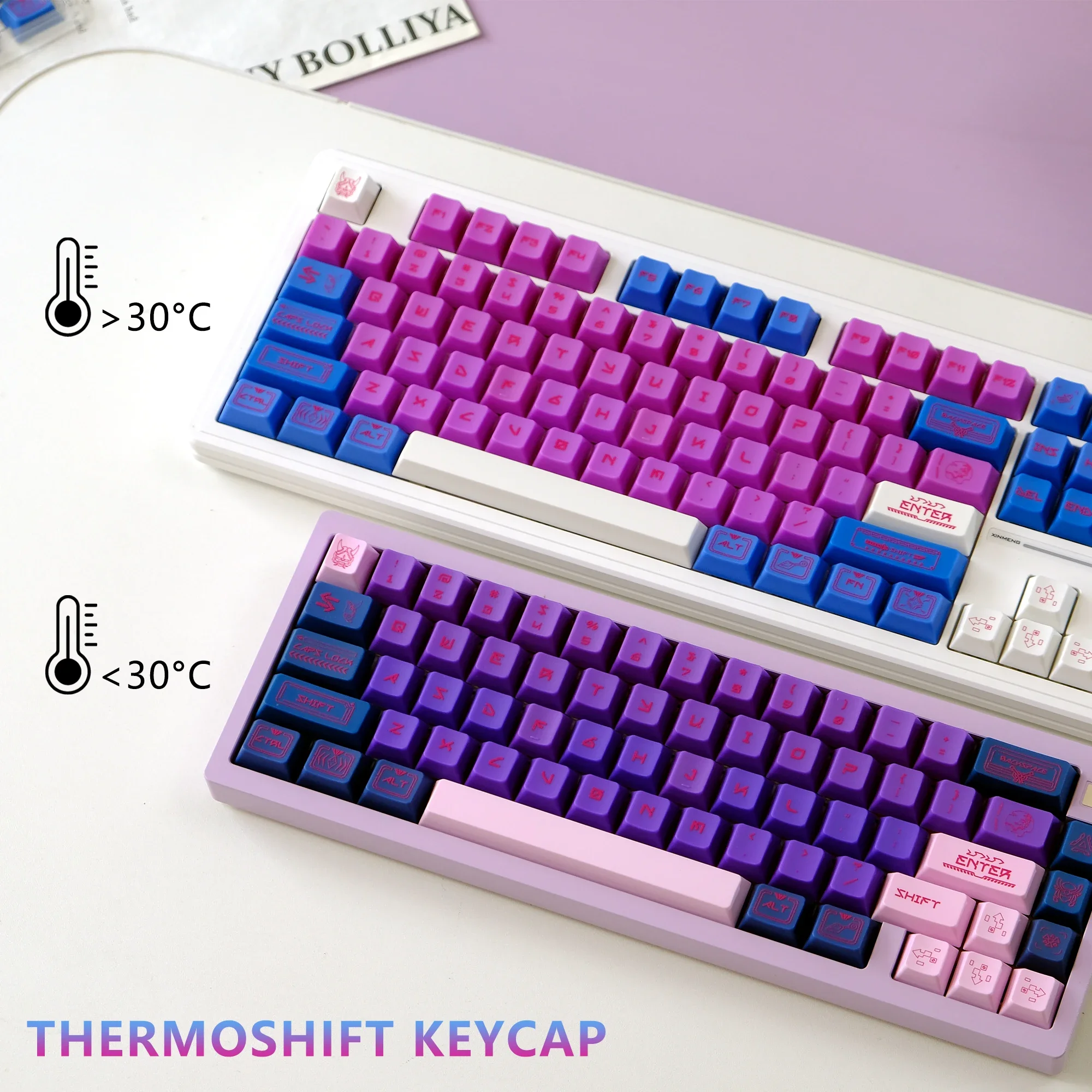 KBDiy ThermoShift-Tastenkappe, blau, lila, Kirschprofil, UV-Druck, ABS-Tastenkappen, individuelles DIY für 60 mechanische Tastatur, Gaming, Aula F75 Image
