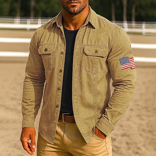 Herren Amerikanische US-Flagge Arbeitshemd Westernhemd Cargohemd Langarm Lässig Taktisch Sport im Freien Arbeitskleidung Frühling Herbst Umlegekragen Zwei Fronttaschen Hemden mit Knopfleiste Schwarz Image