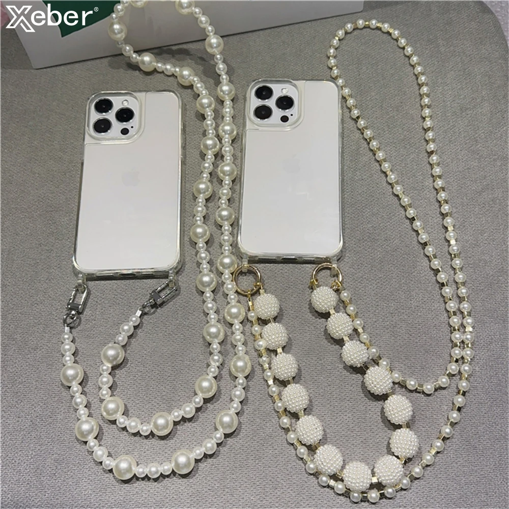 Luxus Crossbody Perlenkette Lanyard Transparente Hülle für iPhone 16 17 14 11 12 13 15 Pro Max XR X 8 7 Plus Kettenriemenabdeckung Image