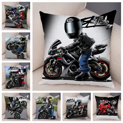 Extremsport-Kissenbezug, Dekor, Cartoon-Motorrad-Kissenbezug, weicher Plüsch, bunt, mobiler Fahrrad-Kissenbezug für Sofa, Zuhause, Auto Image