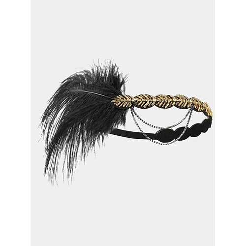 Damen-Stirnband mit goldenen Perlen und Federn im Stil der 1920er Jahre mit Strassketten – Vintage-Haar-Accessoire für Gatsby-Partys und Flapper