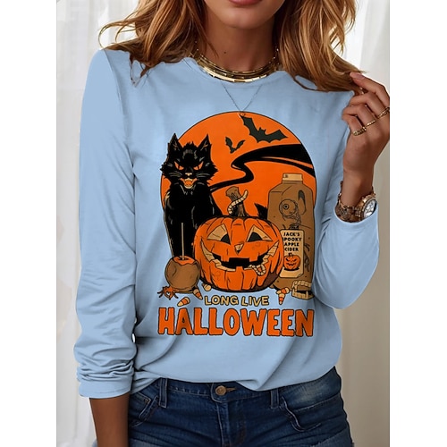 Damen T-Shirt Schwarze Katze Grafik Katze Kürbis Vintage Mode Stilvoll Langarm Rundhalsausschnitt Rundhalsausschnitt Regulär Oberteile Täglich Wochenende Druck Schwarz Weiß Pink Blau Lila Frühling Image