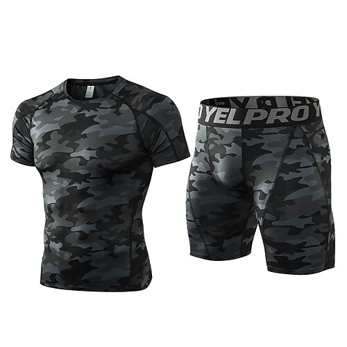Herren Trainingsanzüge Basisschicht oben und unten 2-teiliges Sport-Set Tarnung Kombination Sommer Tarnung dunkelgrau Schwarz Fitnessstudio Basketball sportlich Hohe Taille Schnelltrocknend Image