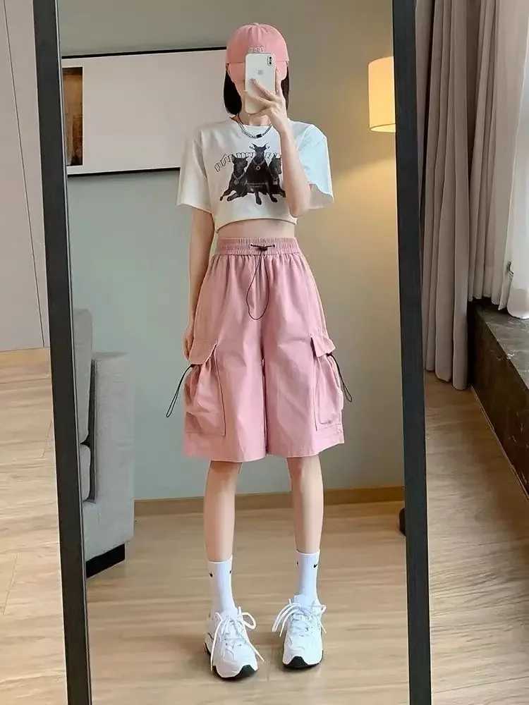 Rosa HIP HOP Arbeitskleidungsshorts für Männer und Frauen, Sommer, lockere, schlankmachende, hoch taillierte Freizeithose, weites Bein, Kordelzug, Cargohose Image