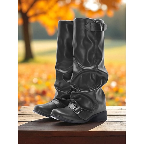 braune kniehohe Reitstiefel für Damen – lässiger Reitstil aus Kunstleder mit Schnallenriemen und niedrigem Blockabsatz, lässiges Herbst-Winter-Schuhwerk für Outdoor-Events, Festivals und den Alltag Image