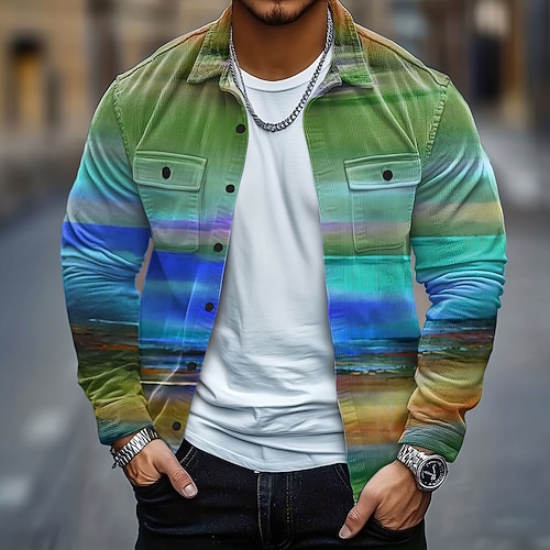 Herren Regenbogen Farbblockierung Cordhemd Hemdjacke Overshirt Langarm Lässig Outdoor Alltagskleidung Herbst Winter Umlegekragen Button-Down Warm Jacke mit Pattentaschen Gelb Orange Grün Image