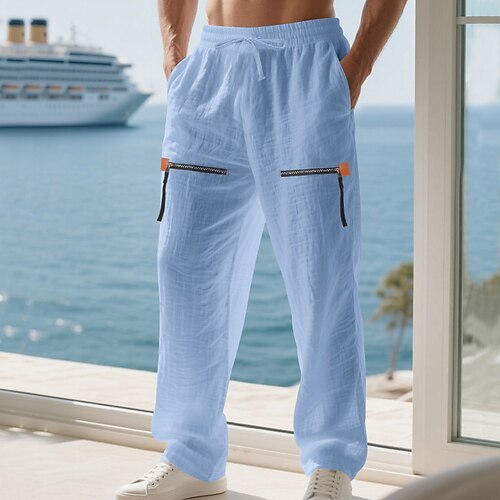 Herren Leinenhosen Hose Sommerhose Strandhose Kordelzug Elastischer Bund Reißverschlusstasche Einfach Komfort Atmungsaktiv Volle Länge Täglich Ferien Urlaub Mode Schwarz Weiß Unelastisch Image