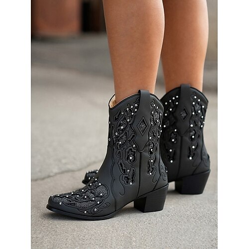 dunkelbraune kurze Western-Cowboystiefel für Damen mit weißen Stickmustern, spitzer Zehenpartie und niedrigem Absatz für Country-Tanz und Freizeitoutfits Image