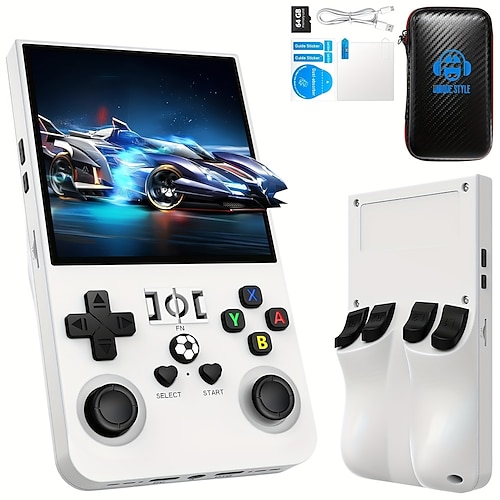 verbesserte Handheld-Spielkonsole R36max – Joystick mit Doppelfunktion, wiederaufladbarer Lithium-Akku über USB, inklusive 64-GB-Karte, schwarze Tragetasche, perfekt für Gaming unterwegs, tragbare