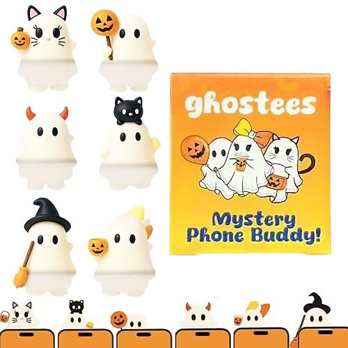6 Stück/Set Ghostees Mystery Phone Buddy zum Aufkleben, Halloween-Geist Kürbis-Telefonaufsatz, süße, stark klebende Dekoration für Smartphones, Figur zum Abziehen und Aufkleben
