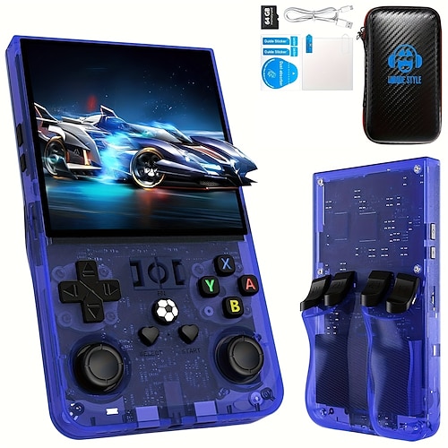 Upgrade R36MAX Handheld-Spielkonsole - Dual-Action Joystick USB-Aufladung Wiederaufladbare Lithium-Batterie Enthält 64GB Karte Schwarze Tragetasche Tragbare Spielkonsole ideales Valentinstagsgeschenk Image