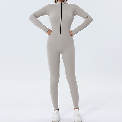 Damen Trainingsanzug Einteiliger Strampler Reißverschluss Einfarbig Bodysuit Herbst Schwarz Rosa Fitnessstudio sportlich Laufen Bauchkontrolle Atmungsaktiv Langarm Sport Sportkleidung Image