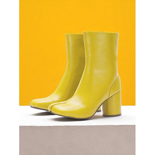 Damenstiefeletten aus braunem Kunstleder mit halbhoher Wade, Tabi-Stiefel mit geteilter Zehenpartie, klobigem Absatz und seitlichem Reißverschluss, minimalistischer, moderner Stil für Image