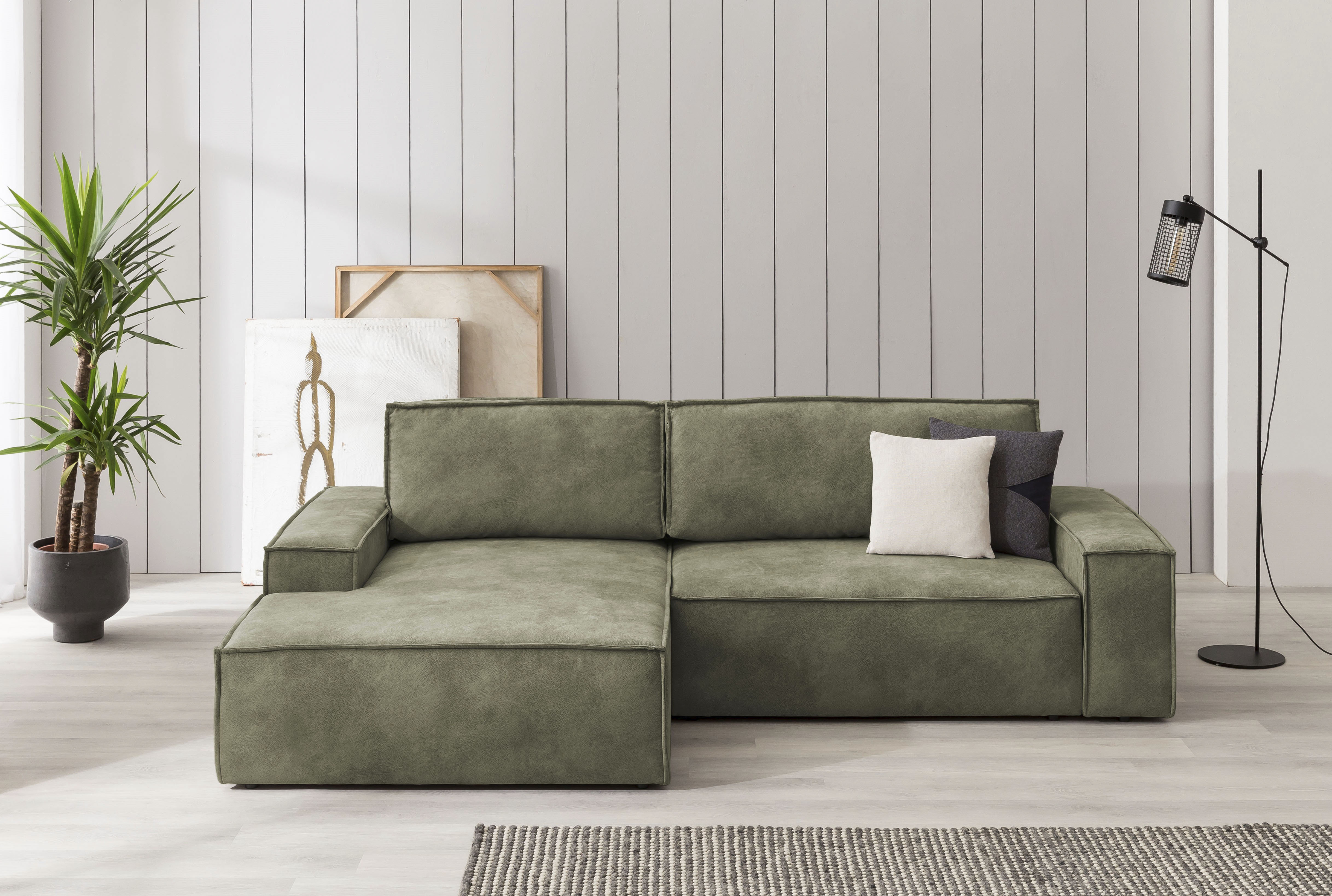 Ecksofa HOME AFFAIRE "SHERWOOD L-Form, 267 cm - OTTO. Verlässliche Qualität.", grün (olivgrün), B:267cm H:85cm T:167cm, 100% Polyester, Sofas, Ecksofa, Schlaffunktion mit Bettkasten (210x136 cm), Cord, Vintage, Samtvelours