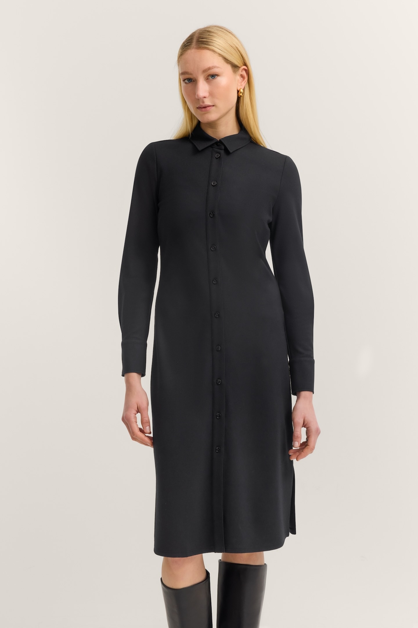 Blusenkleid BUGATTI "Jersey", Damen, Gr. 34, Normalgrößen, 290, schwarz, 73% Viskose, 24% Polyester, 3% Elasthan, unifarben, normal, Kleider Blusenkleid, mit Knopfleiste und Hemdkragen