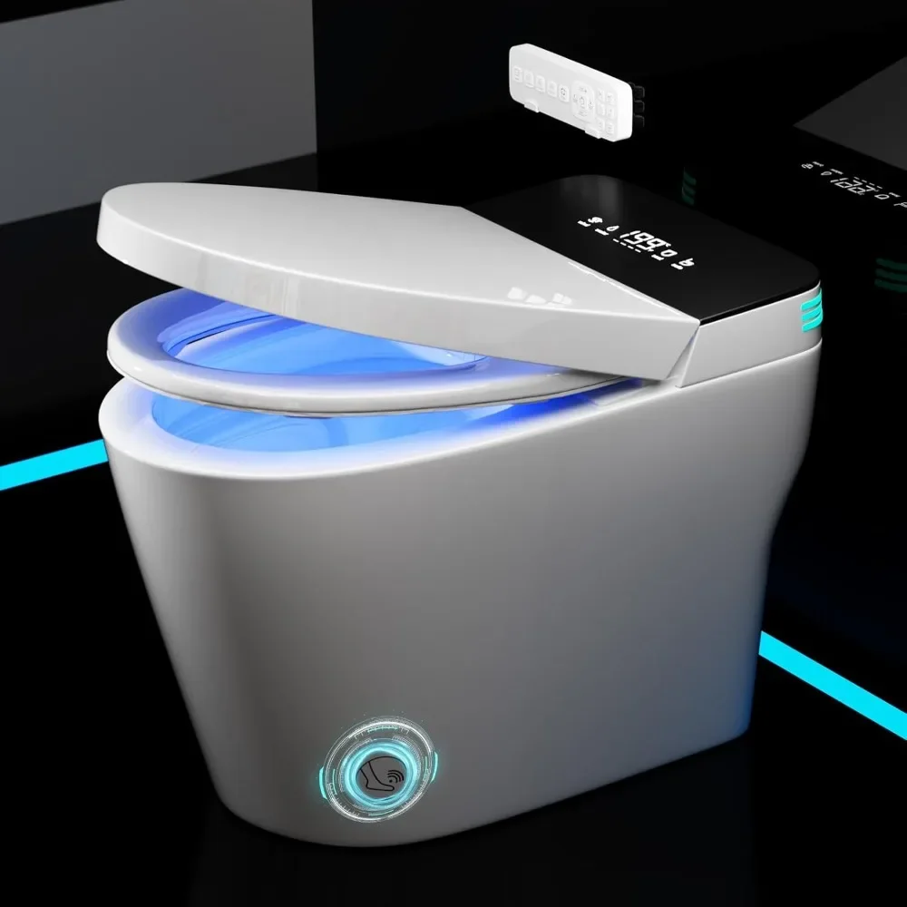 Intelligente Toilette mit integriertem Bidet, moderne Toiletten mit Sprachsteuerung und Fußsensor, Off-Seat AUTO Dual Flush, länglich beheizt Image