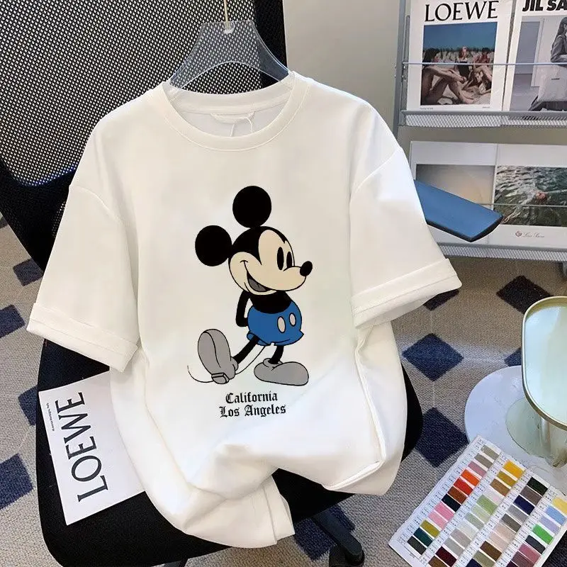 Disney Mickey Mouse Print Weißes T-Shirt Blaue Shorts Graue Schuhe Kalifornien Los Angeles Text 100 % Baumwolle Casual Tee Vintage Tops