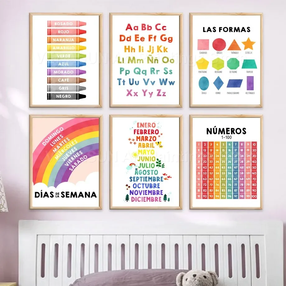 Spanische Bildung Farbe Form Alphabet Anzahl Regenbogen Wand Kunst Leinwand Malerei Poster Und Drucke Bilder Für Kinderzimmer Deco