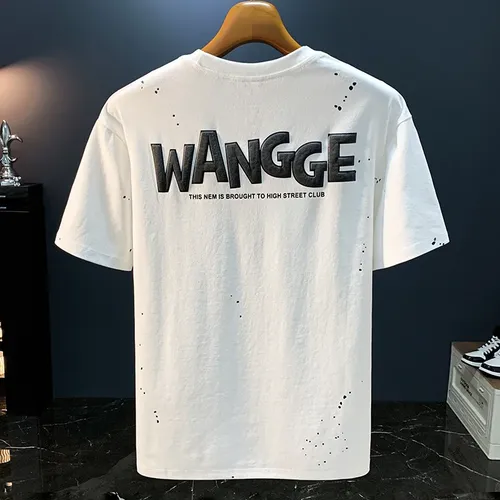 T-shirt à manches courtes avec lettres en relief d'encre pour hommes en été, mode américaine haut de gamme, haut respirant polyvalent et décontracté