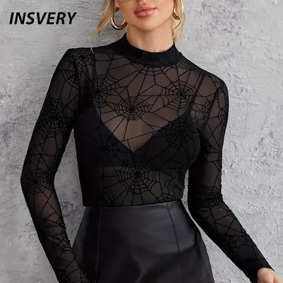 Women Y2k Lace See Through Tee Shirt Sexy Sheer Mesh Long Sleeve T-shirt Female O Neck Slim Basic Tops Women Tee Thin Shirts