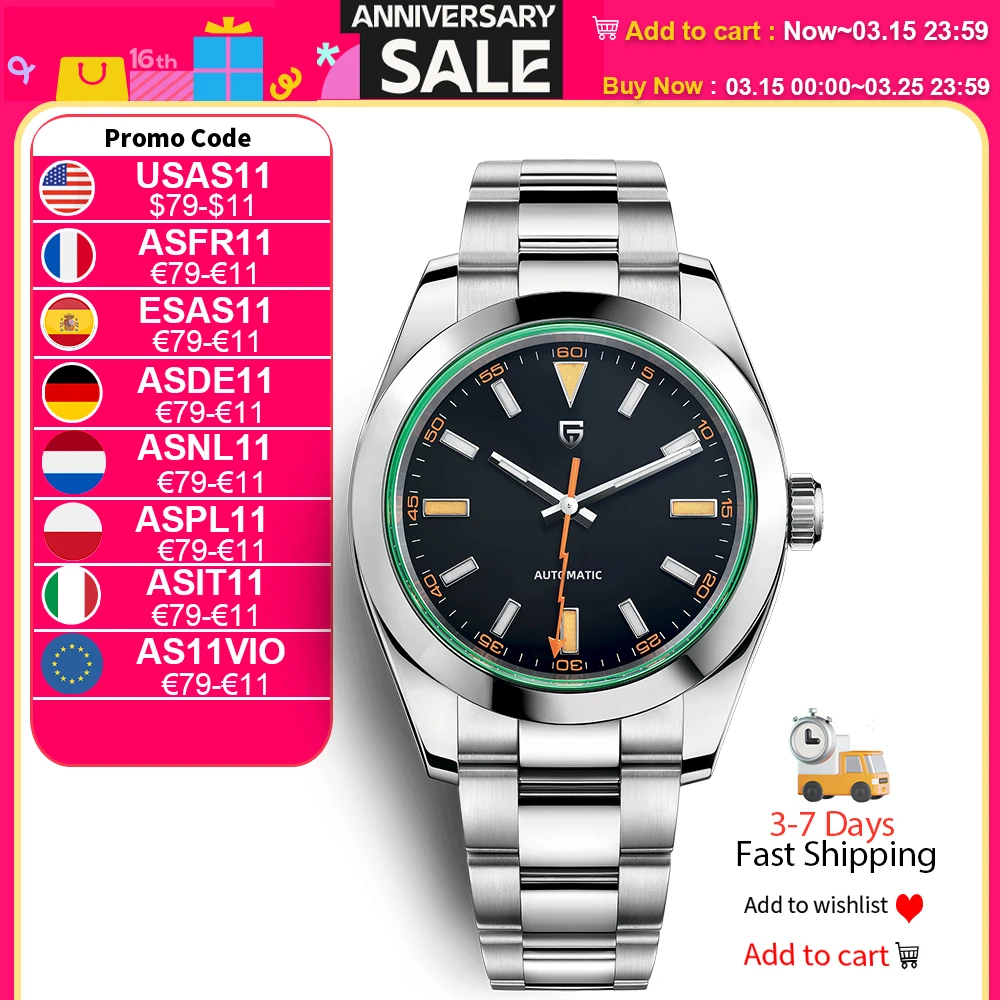 PAGANI DESIGN Herrenuhren, luxuriöse Automatikuhr für Herren, grünes Glas, mechanische Uhren, AR-Saphirglas, Armbanduhr für Herren Image