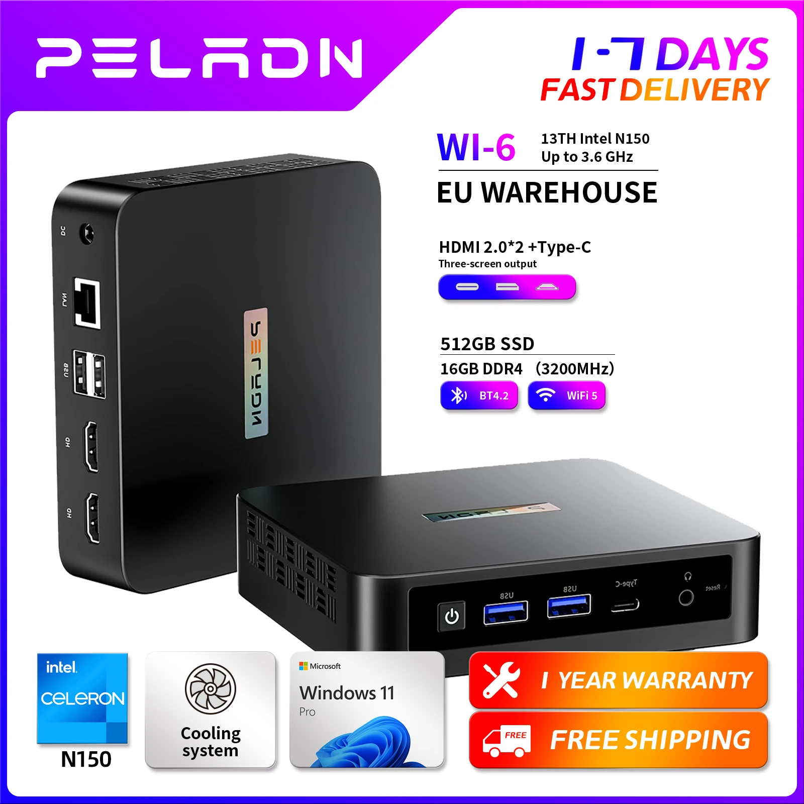 PELADN WI-6 Mini-PC, Intel Twin Lake N150 (Upgrade N100), 16 GB DDR4/512 GB SSD WiFi5 4K/60 Hz Dreifach-Display USB3.2/BT4.2 Image