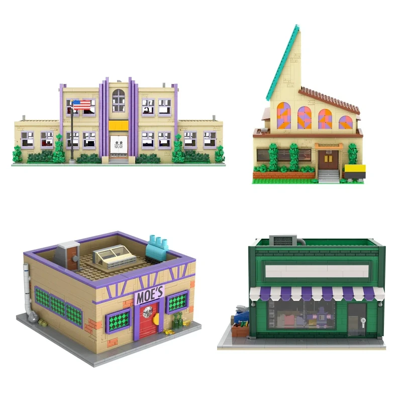 Kreative Experte MOC Springfield Schule Bausteine Street View Stadt Kirche Gebäude Modell Montage Spielzeug Geschenk für Erwachsene Kinder Image