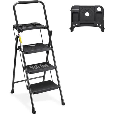 3 Step Ladder with Tool Tray, Folding Step Stool with Wide Non-Slip Pedal and Comfort Handgrip for Household and Office