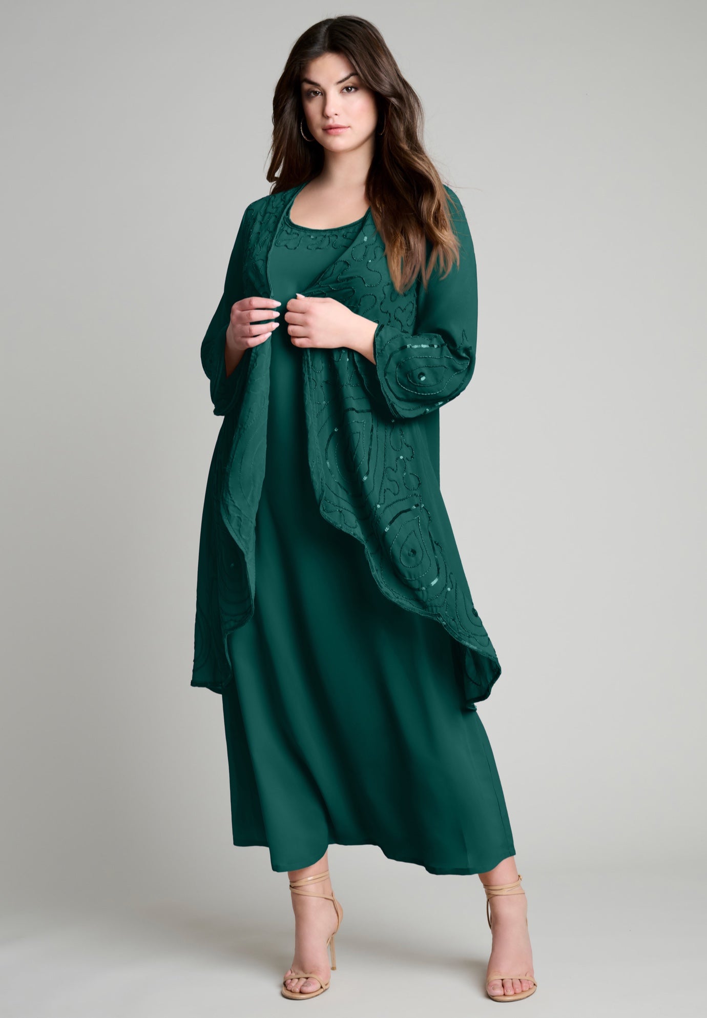 Plus Size Women's Plus-Size 2 piece Long Sleeve Beaded Georgette Gown Set with Detachable Jacket by Roaman's in Emerald Green (Size 42 W)