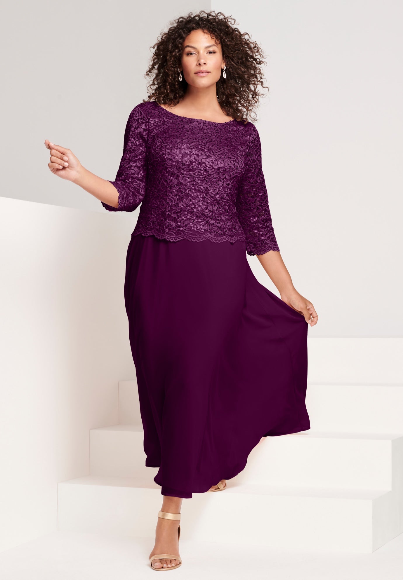 Plus Size Women's Plus Size Sparkle Lace Popover A-Line Gown with 3/4 Sleeves by Roaman's in Dark Berry (Size 20 W)