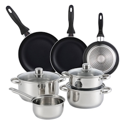 WellHome - 7-teiliges Edelstahl-Kochgeschirrset mit 3 Bratpfannen Ø16/20/24cm aus schwarzem Pressaluminium