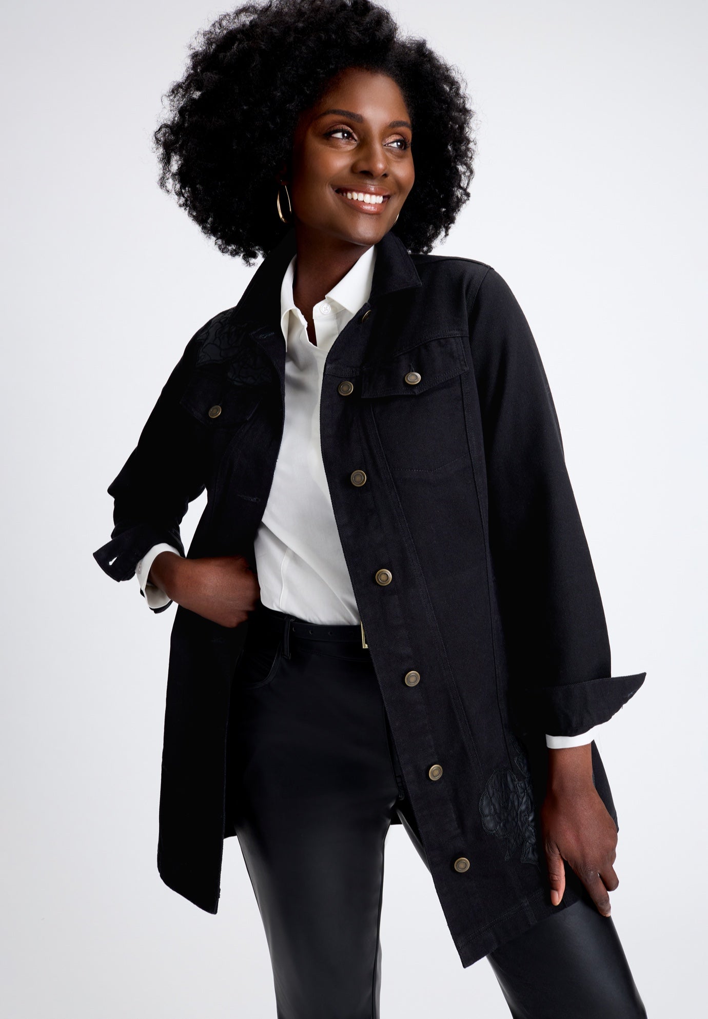 Plus Size Women's Long Denim Jacket by Jessica London in Black Leather Embroidery (Size 24 W) Tunic Length Jean Jacket