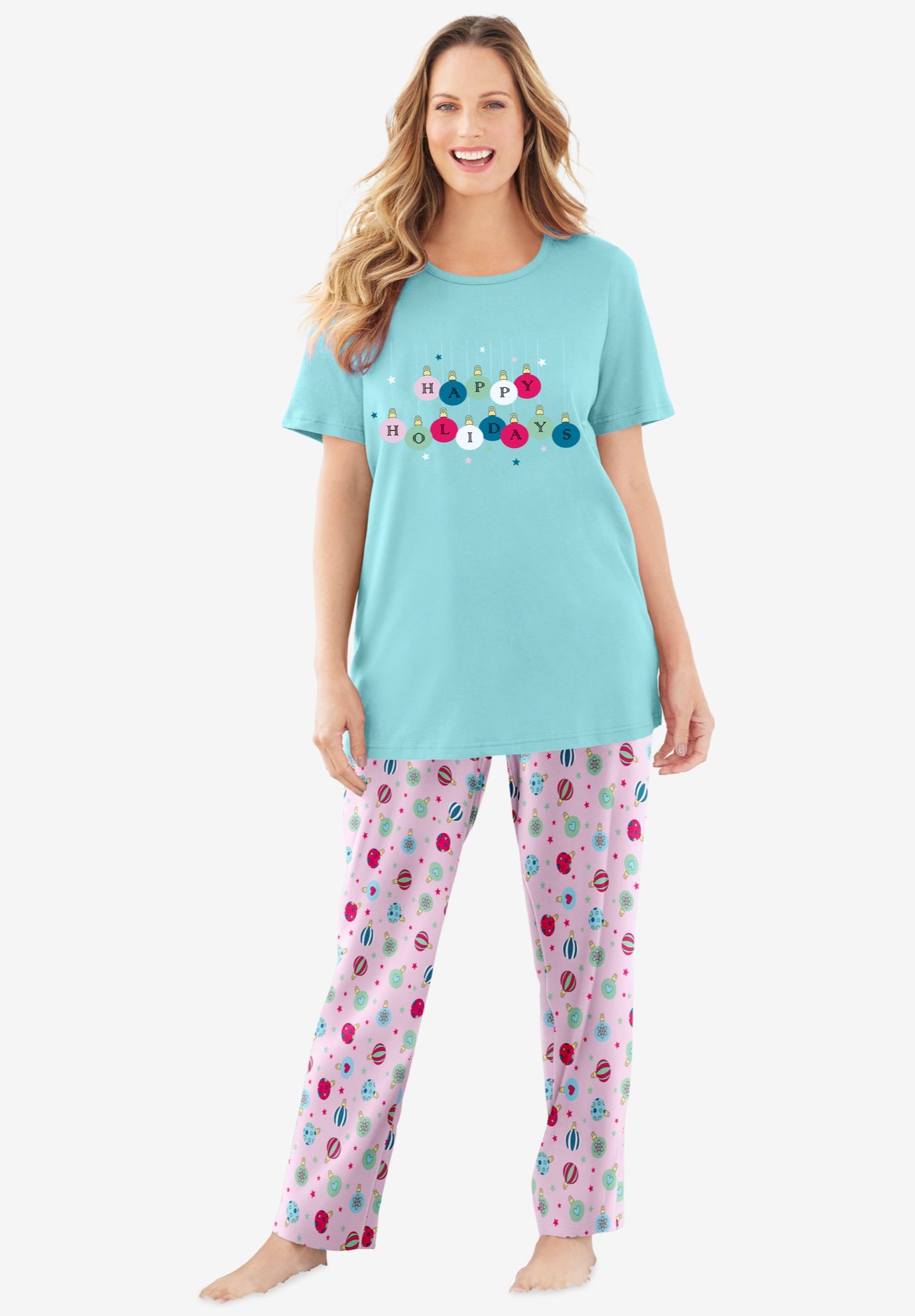 Plus Size Women's Graphic Tee PJ Set by Dreams & Co. in Pale Ocean Ornament (Size 3X) Pajamas