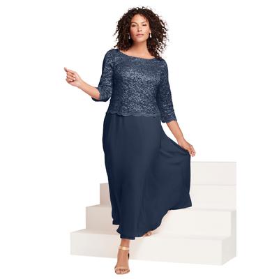 Plus Size Women's Plus Size Sparkle Lace Popover A-Line Gown with 3/4 Sleeves by Roaman's in Navy (Size 36 W) Formal Evening