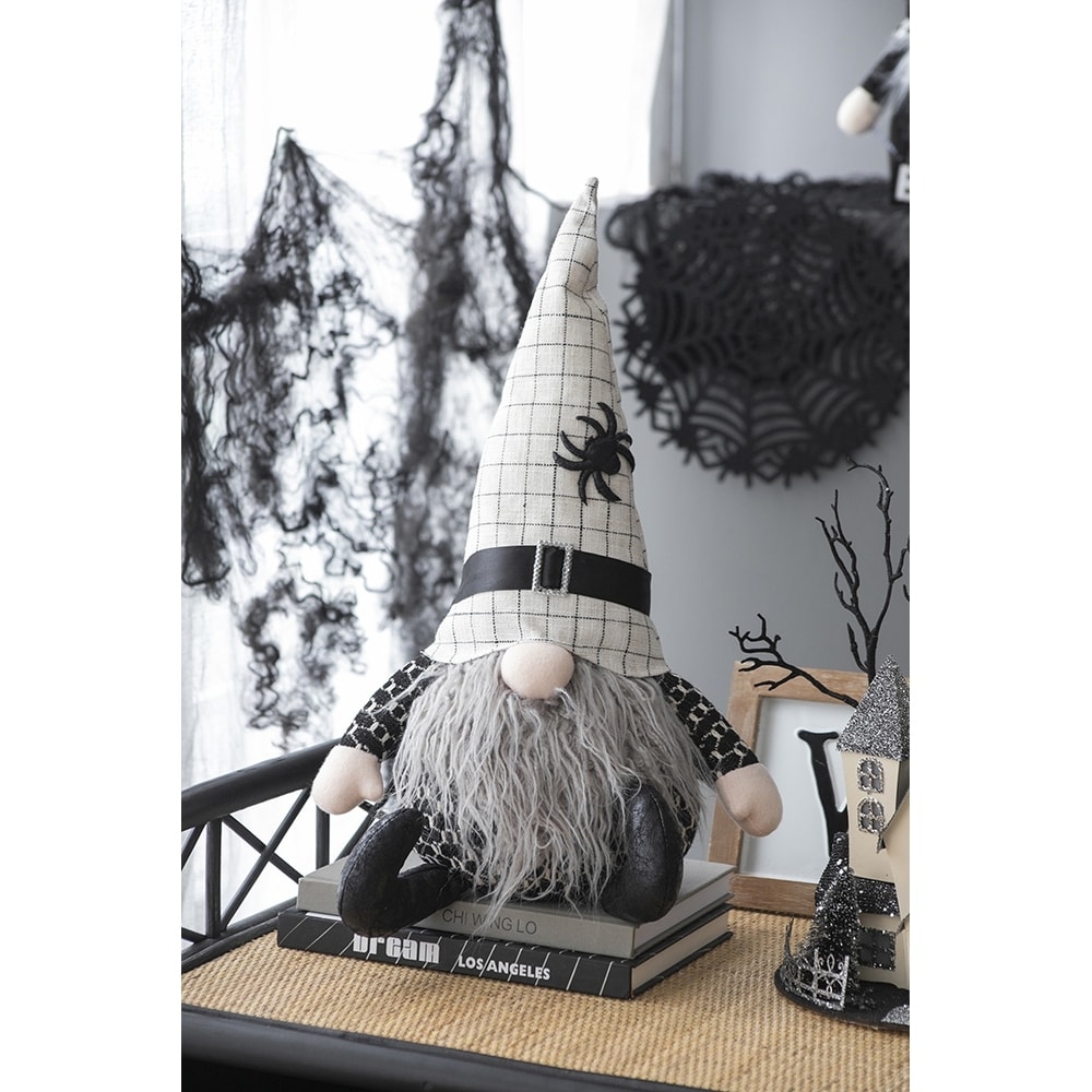 Black and White Spider Gnome Plush Decoration – Halloween Home Accent with Checkered Hat
