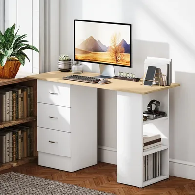 HOMCOM 120cm Computer Desk, Study Table with 3 Shelf & Drawers, Natural