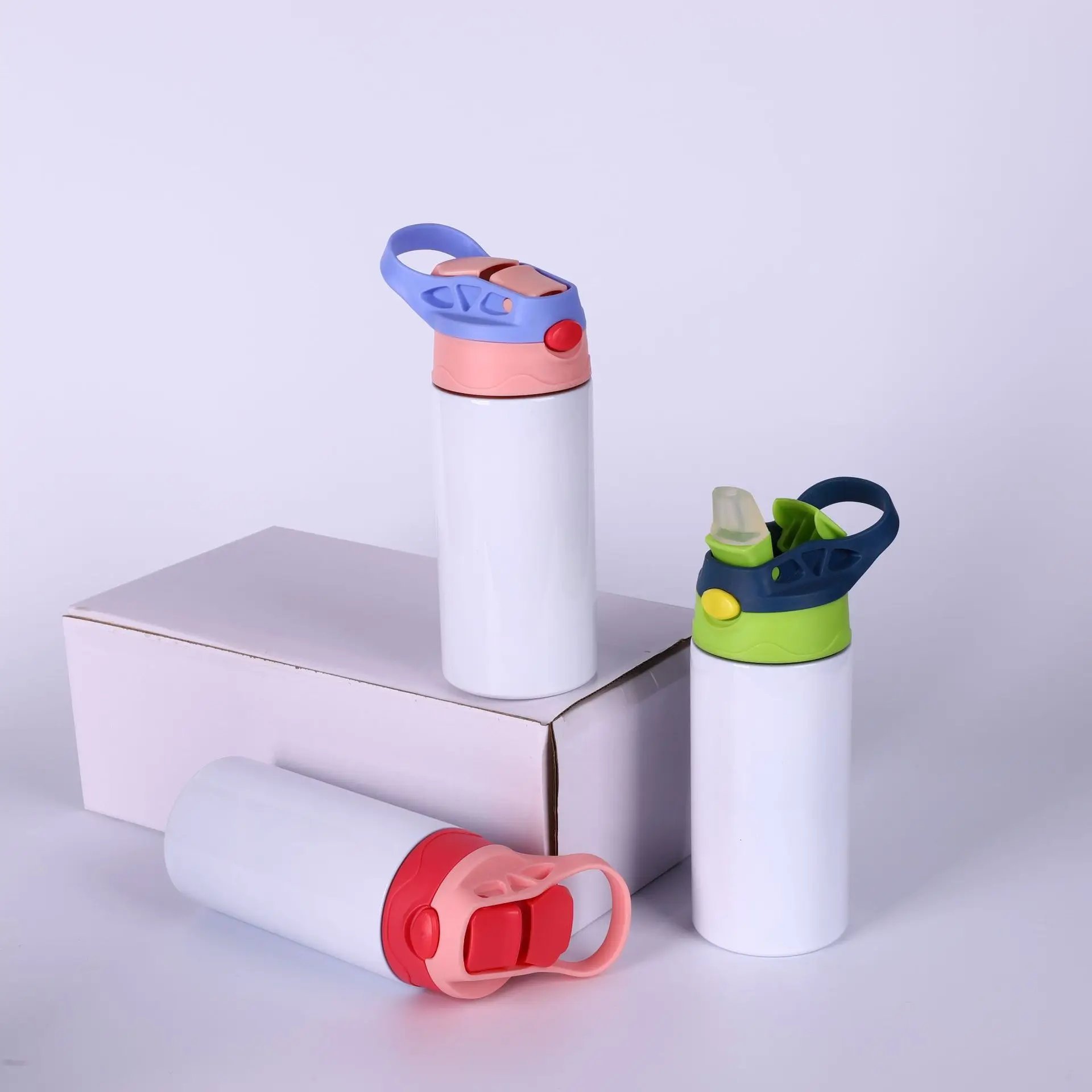 Edelstahl-Vakuum-Thermosbecher für Kinder mit Strohhalm und Griff, tragbarer Sport-Wasserbecher für den Außenbereich, einfache einfarbige Farbe Image