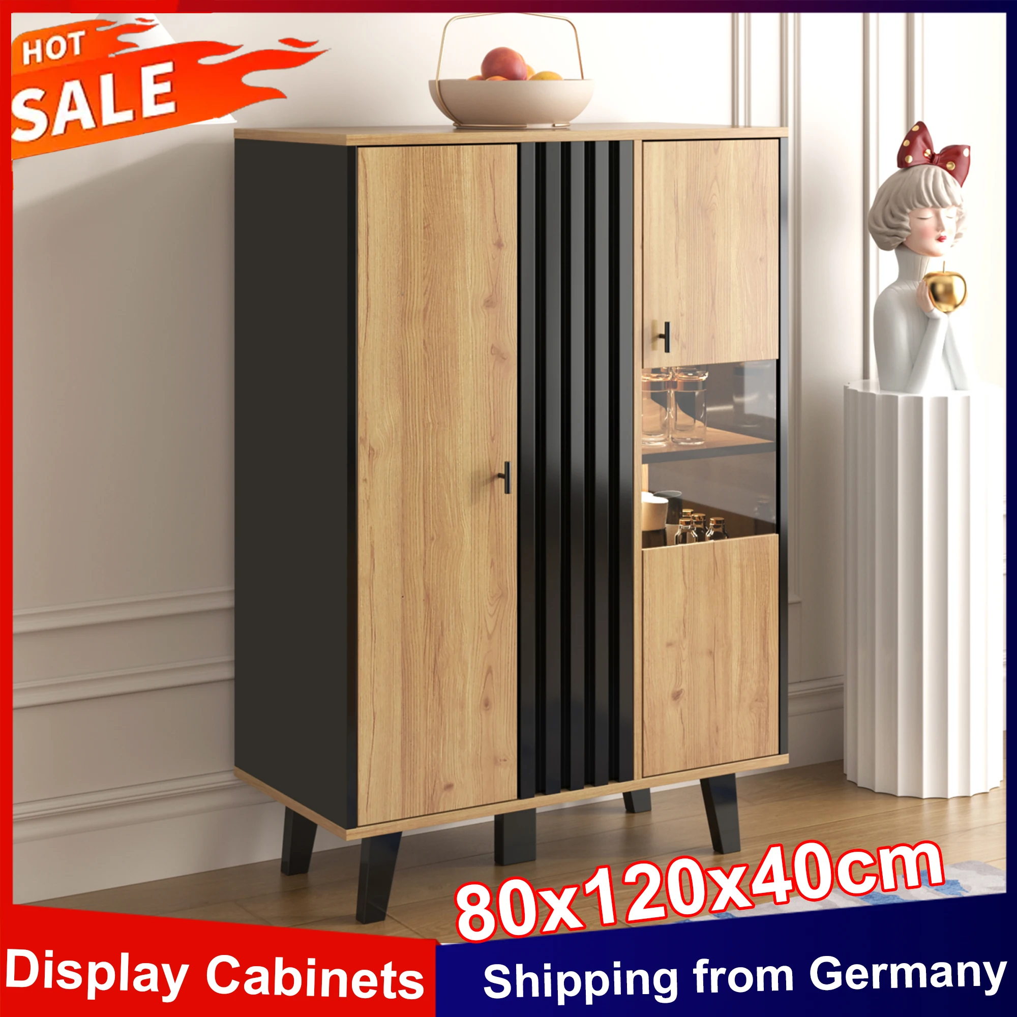 Anajqaqia Sideboard-Aufbewahrungsschrank 80 x 120 x 40 cm, mit 2 Türen und 6 Fächern, Vitrine mit LED und Glas-Buffetschrank