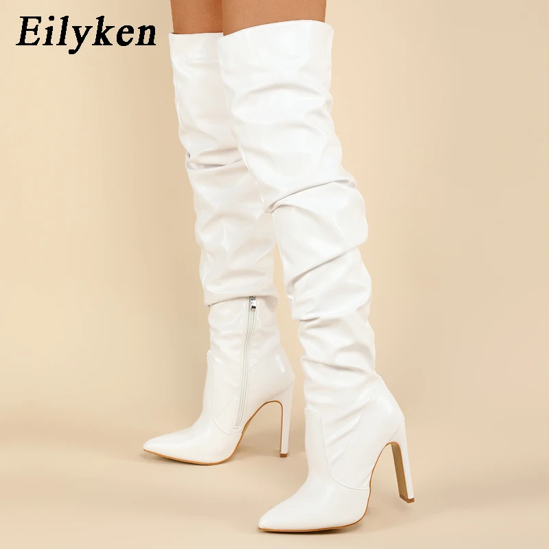 Eilyken Plissee Oberschenkel Hohe Stiefel Mode Spitz Zip Weibliche Stiletto Quadratische Absätze Design Weiß Schwarz Braun frauen Schuhe