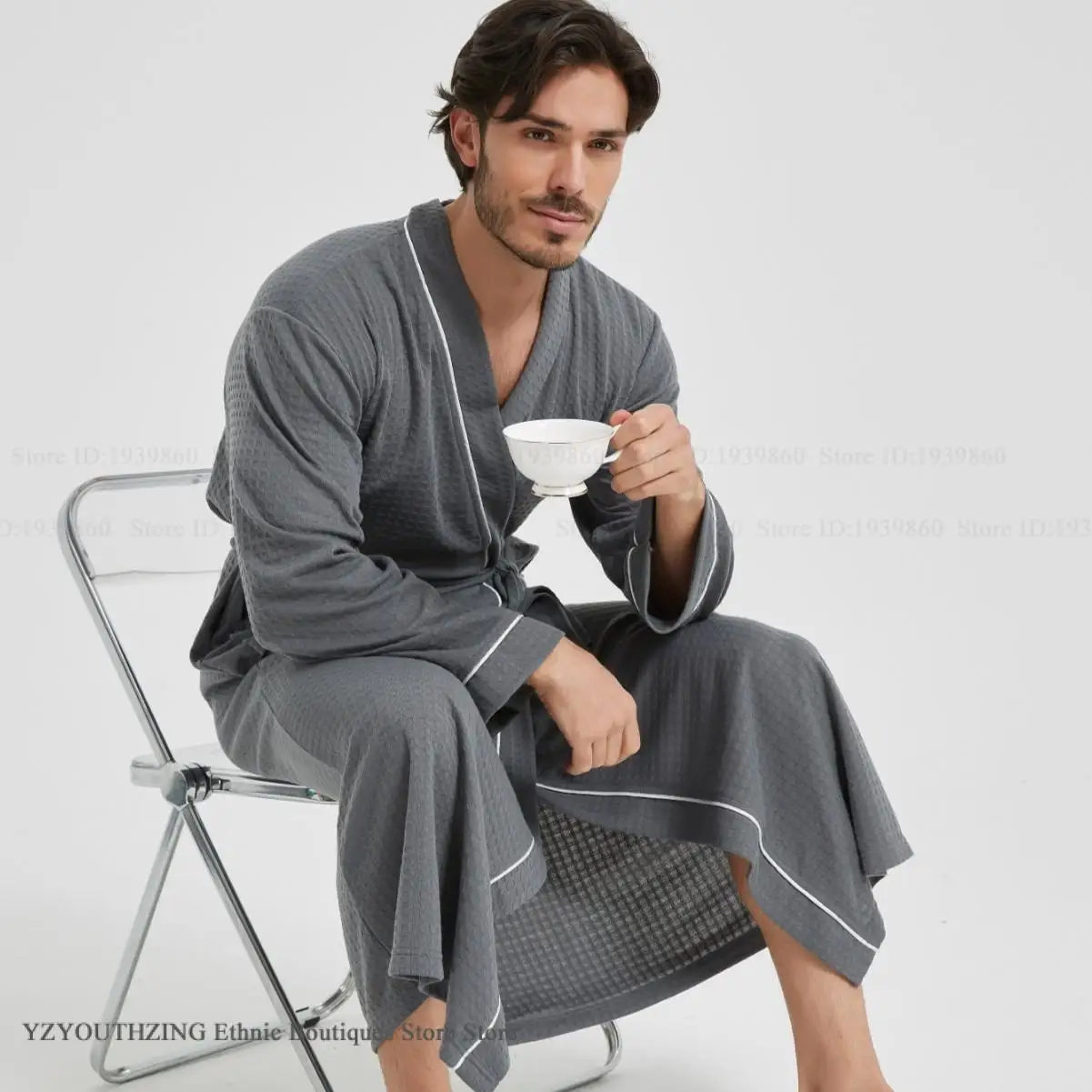 Herbst Neue Waffel männer Lange Robe Kimono Kleid Langarm Bademantel Lounge Tragen Lose Beiläufige Paar Nachtwäsche Hause Kleidung pyjama Image