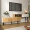 Meuble TV moderne à longueur réglable, optique en bois + blanc mat, pieds en métal noir, meubles de salon multifonctionnels