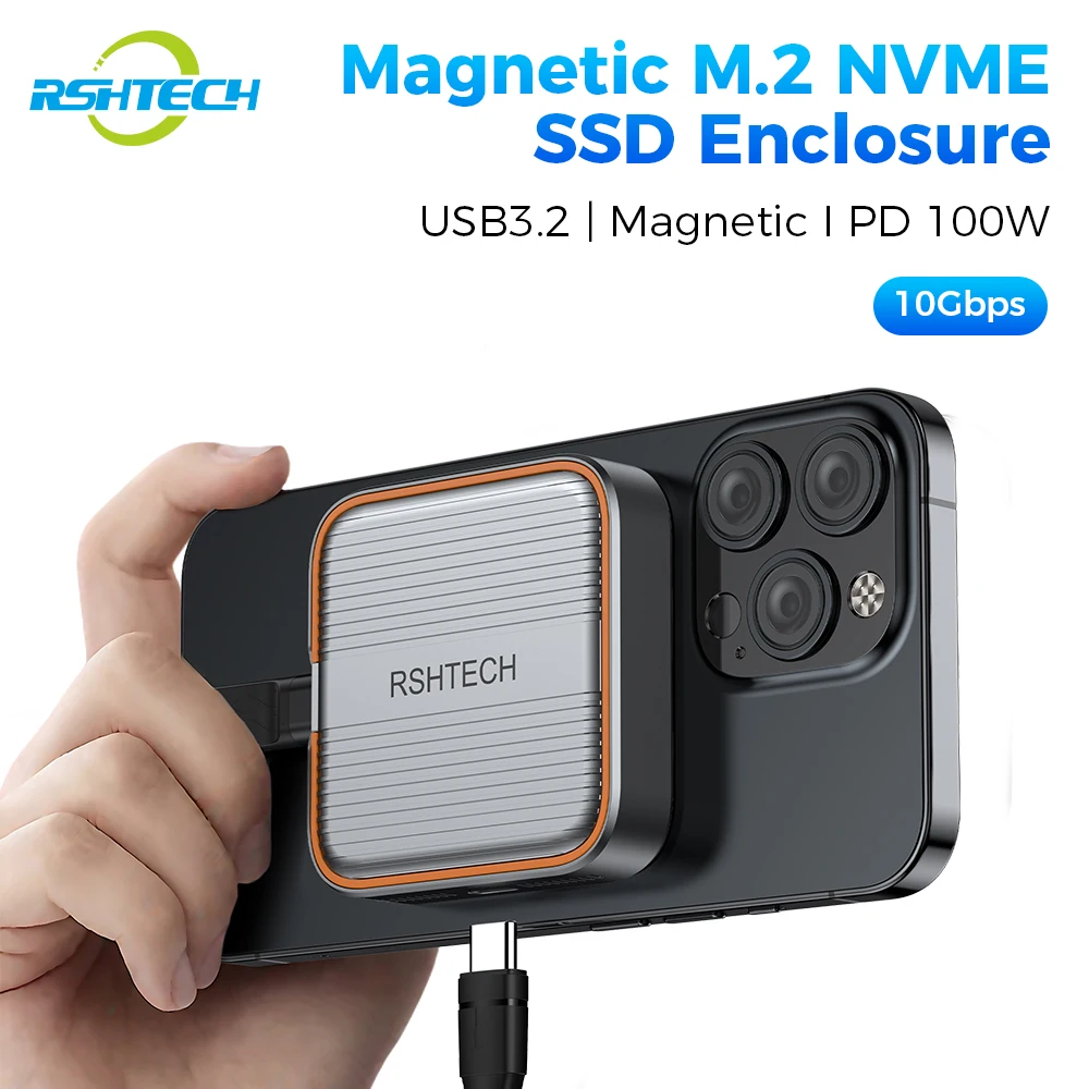 Magnetisches 3-in-1-Telefon-SSD-Gehäuse aus Aluminium mit PD100W Typ-C 10 Gbit/s Datenübertragung für M.2 NGFF und NVMe PCle mit 2230/2242 Image