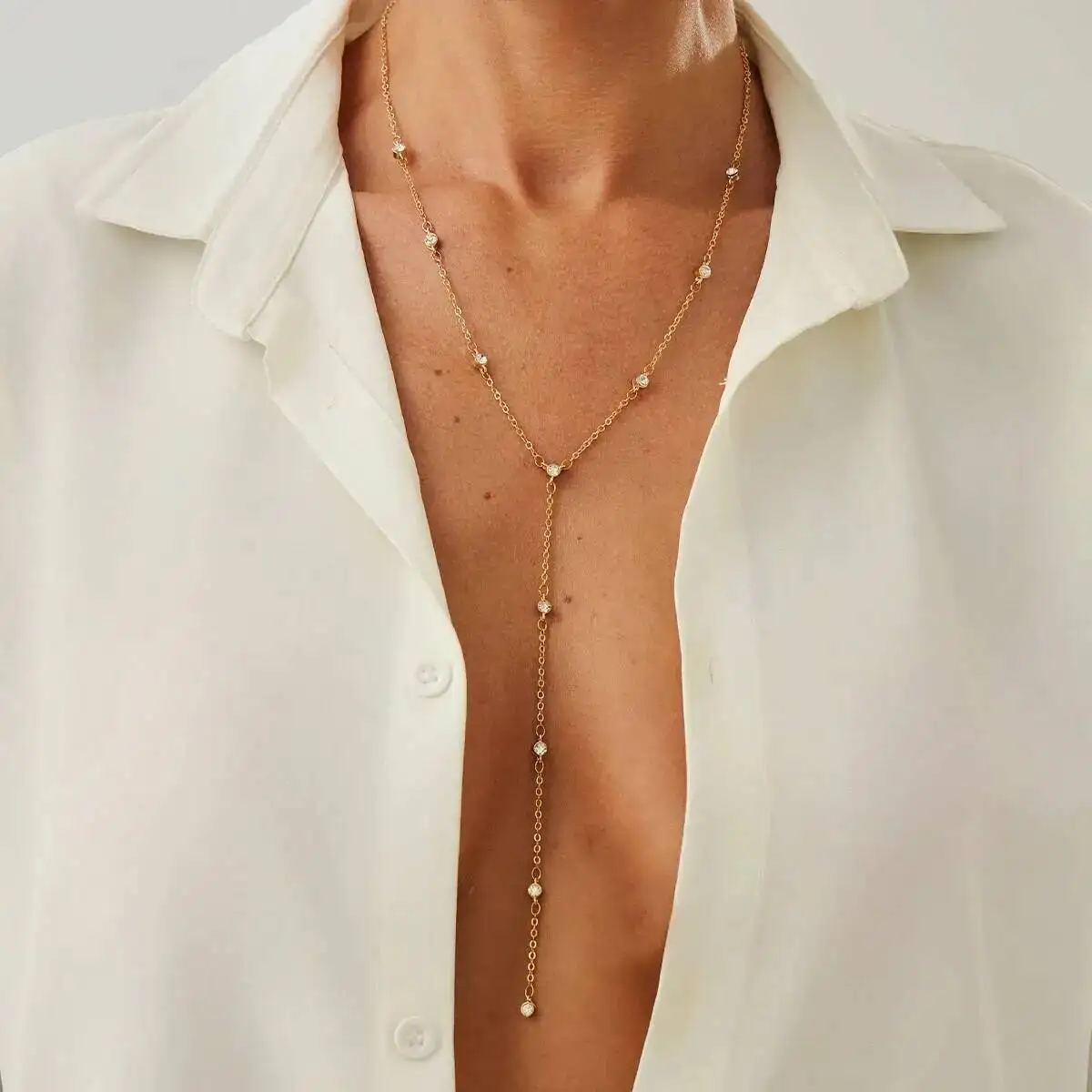 IngeSight.Z Minimalismus Strass Lange Quaste Halskette Frauen Vintage Brust Dünne Kette Weibliche Verstellbare Kette Partei Schmuck Geschenk Image